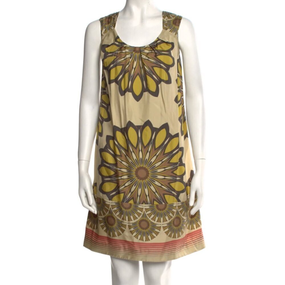 VINCE Golden Gold Mustard Mandala Sunflower Floral 100% SILK Boho Shift Dress M
